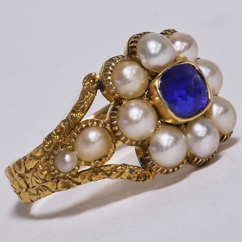 78 - ANTIQUE PEARL AND SAPPHIRE CLUSTER RING,
5.9 grams, testing high carat gold.
Vibrant sapphires.
Pear... 