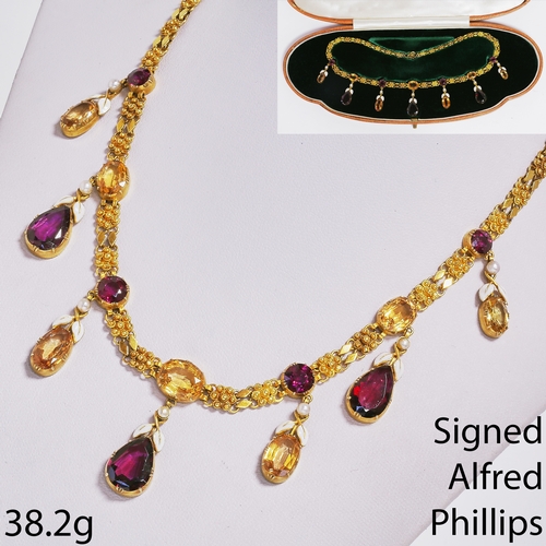 196 - ALFRED PHILLIPS, EXQUISITE LATE 19TH CENTURY CERTIFICATED IMPERIAL TOPAZ AND GARNET ENAMEL FRINGE NE... 