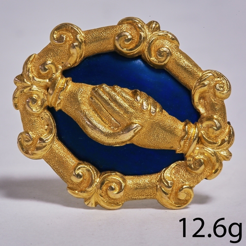 208 - GEORGIAN 'FEDE' CLASPING HAND BROOCH, Likely Irish.
12.6 grams, High carat gold.
Blue enamel, in goo... 