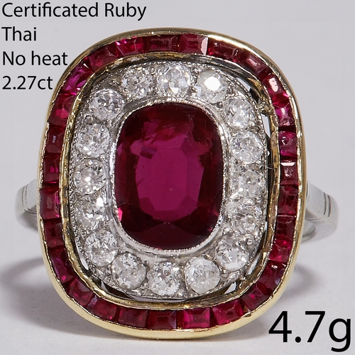 1 - CERTIFICATED RUBY AND DIAMOND CLUSTER RING,
4.7 grams, testing 18 ct. gold.
Vibrant central ruby of ... 