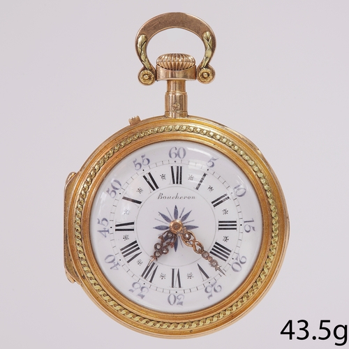 115 - BOUCHERON, FINE AND RARE POCKET WATCH,
43.5 grams, 18 ct. gold.
Signed Boucheron on the dial.
Hands ... 