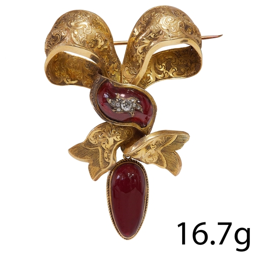 122 - VICTORIAN GARNET AND DIAMOND BOW BROOCH,
16.7 grams, high carat gold.
The bow with fine detailed eng... 