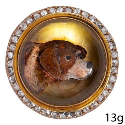 123 - DIAMOND ESSEX CRYSTAL REVERSE INTAGLIO DOG BROOCH
13 grams high carat gold 
lively diamonds 
2.8 cm ... 