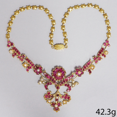 124 - IMPORTANT VICTORIAN RUBY AND PEARL NECKLACE 
42.3 grams, 18 ct. 
Vibrant Rubies, believed to be Burm... 