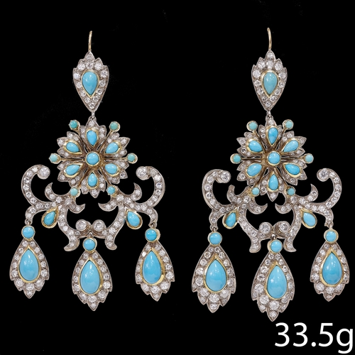 126 - MAGNIFICENT PAIR OF TURQUOISE AND DIAMOND EARRINGS
32.4 grams. high carat gold 
Diamonds bright and ... 