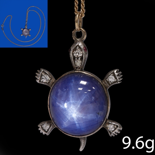 128 - A FANTASTIC CERTIFICATED CEYLON NO HEAT STAR SAPPHIRE AND DIAMOND TURTLE PENDANT
9.6 grams 
vibrant ... 