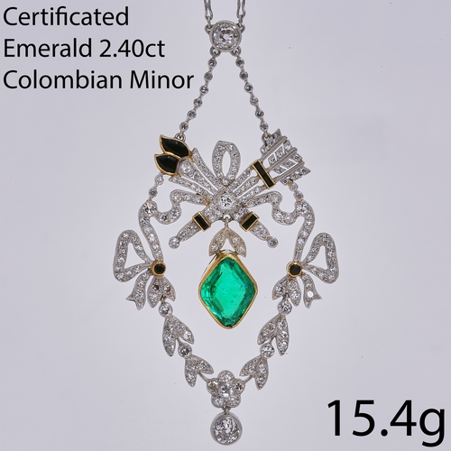 130 - IMPORTANT ELEGANT BELLE EPOQUE CERTIFICATED COLOMBIAN MINOR EMERALD, DIAMOND AND ONYX PENDANT NECKLA... 