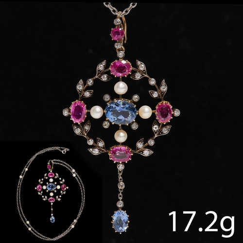 135 - EDWARDIAN NATURAL PEARL, DIAMOND AND PINK SAPPHIRE PENDANT WITH PEARL CHAIN.
17.2 grams. 
Pearls nat... 