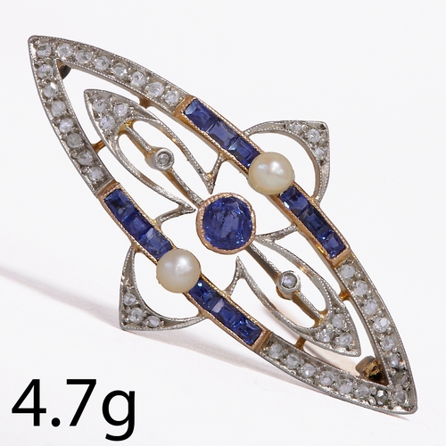 14 - EDWARDIAN DIAMOND, SAPPHIRE, PEARL AND RUBY BROOCH,
4.7 grams, 18 ct. gold.
Vibrant sapphires.
Diamo... 