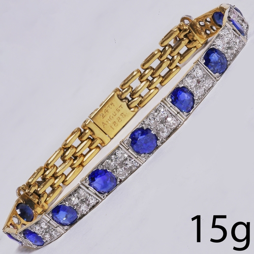 145 - EDWARDIAN SAPPHIRE AND DIAMOND BRACELET
15 grams, 15 ct. gold.
Gemstones totalling approx. 13.10 ct.... 