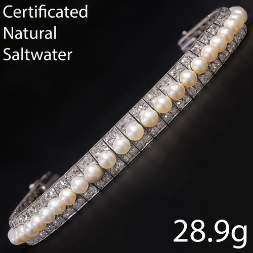 146 - CERTIFICATED NATURAL SALTWATER PEARL AND DIAMOND BRACELET.
28.9 grams, 
Pearls with good lustre and ... 