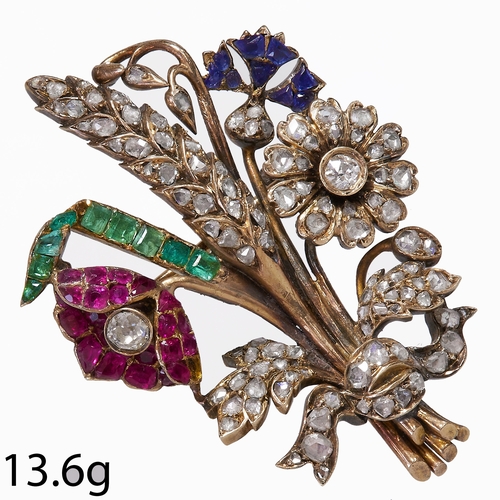 15 - ANTIQUE DIAMOND RUBY SAPPHIRE AND EMERALD FLORAL SPRAY BROOCH,
13.6 grams.
Diamonds bright and livel... 