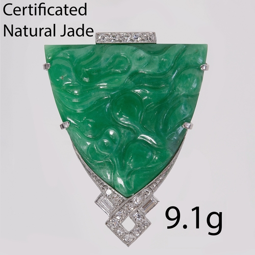 171 - ART-DECO CERTIFICATED JADE AND DIAMOND CLIP BROOCH,
9.1 grams, 18 ct. gold.
Fine carved green jade (... 