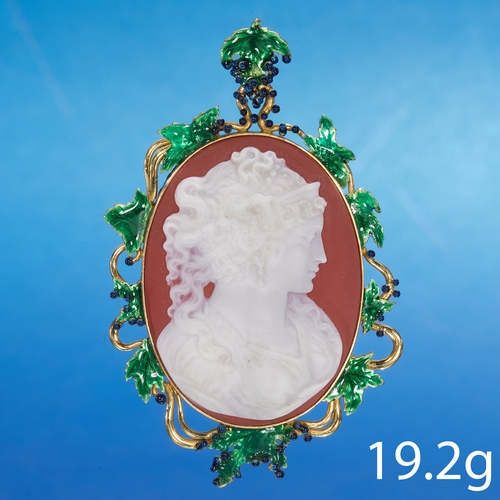 174 - RARE ENAMEL CAMEO PENDANT,
High carat gold.
Detailed cameo of the bust of a lady.
Surmount with enam... 