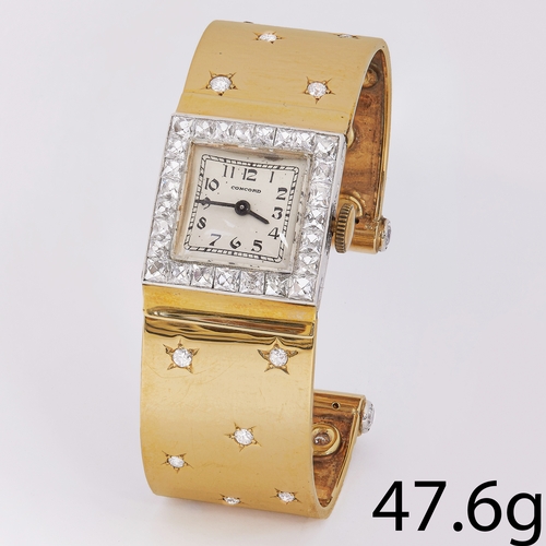 184 - CONCORD, FINE DIAMOND WATCH BANGLE,
47.6 gams, Testing 18 ct. gold.
Ca. 1940's.
Beautifully set with... 