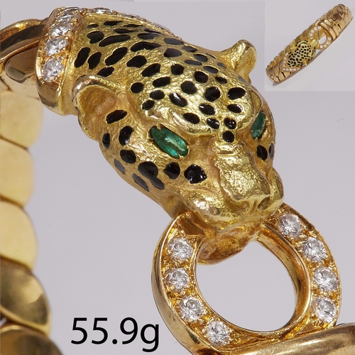 188 - EMERALD DIAMOND AND ENAMEL PANTHER BRACELET,
55.9 grams, 18 ct. gold.
The panther decorated with bla... 