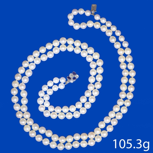 195 - TWO ROW PEARL NECKLACE, 
105.3 grams. 18 ct. gold clasp. 
Fine sapphires and diamond set clasp.
Sapp... 