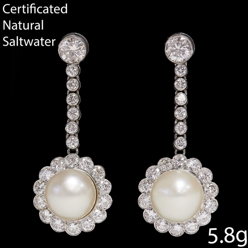 197 - FINE PAIR OF CERTIFICATED NATURAL SALTWATER PEARL AND DIAMOND EARRINGS,
5.8 grams. testing platinum.... 