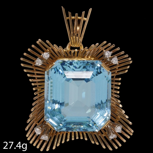 26 - LARGE VINTAGE AQUAMARINE AND DIAMOND PENDANT 
27.4 grams, high carat gold 
large vibrant aquamarine,... 