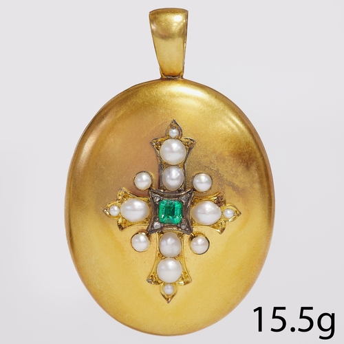 30 - VICTORIAN EMERALD AND PEARL LOCKET PENDANT 
15.5 grams, high carat gold.
locket back
rich vibrant em... 