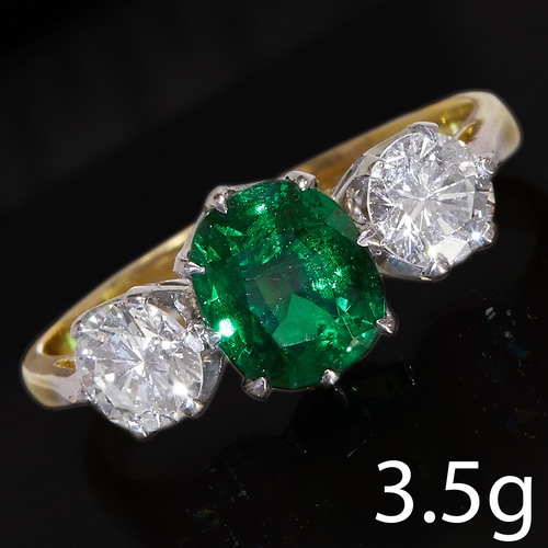 31 - GREEN GARNET AND DIAMOND 3-STONE RING.
3.5 grams. High carat gold.
Set with vibrant rich colour gree... 