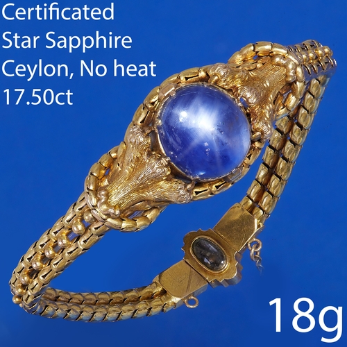 34 - IMPRESSIVE CERTIFICATED ANTIQUE CEYLON BLUE STAR SAPPHIRE BRACELET
18 grams, High carat gold.
Large ... 