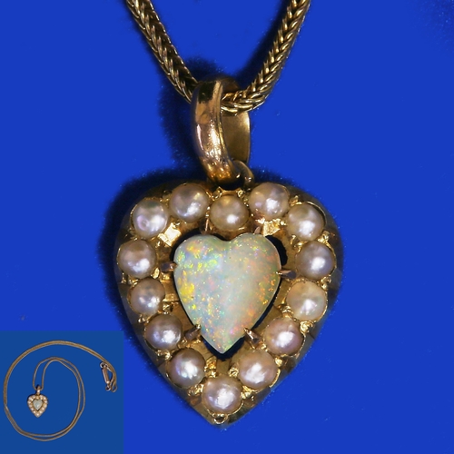 37 - SWEET OPAL AND PEARL HEART PENDANT WITH GOLD CHAIN,
Vibrant opal with good play of colour.
Pearls ge... 