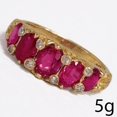 39 - ANTIQUE FIVE STONE RUBY AND DIAMOND RING.
5 grams, 18 ct. gold.
Vibrant rubies, totalling approx. 2.... 