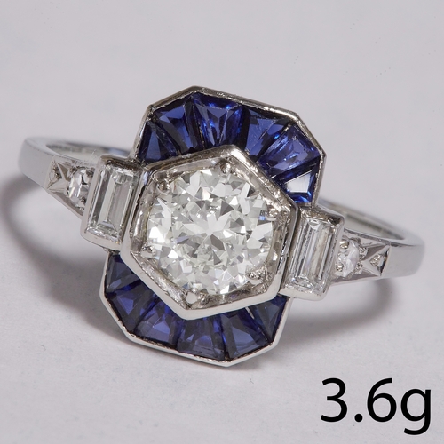 4 - ART DECO DIAMOND AND SAPPHIRE RING.
3.6 grams. 
Set with bright diamonds. In our opinion I-J colour,... 