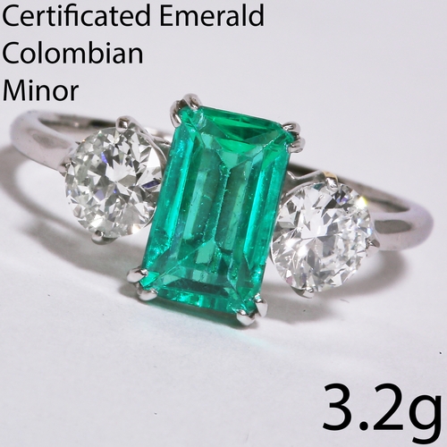 69 - CERTIFICATED COLOMBIAN EMERALD AND DIAMOND 3-STONE RING,
3.2 grams, High carat gold.
Rich and vibran... 