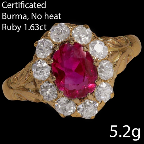 70 - CERTIFICATED BURMA NO HEAT RUBY AND DIAMOND CLUSTER RING,
5.2 grams, 18 ct. gold.
Fine vibrant ruby ... 