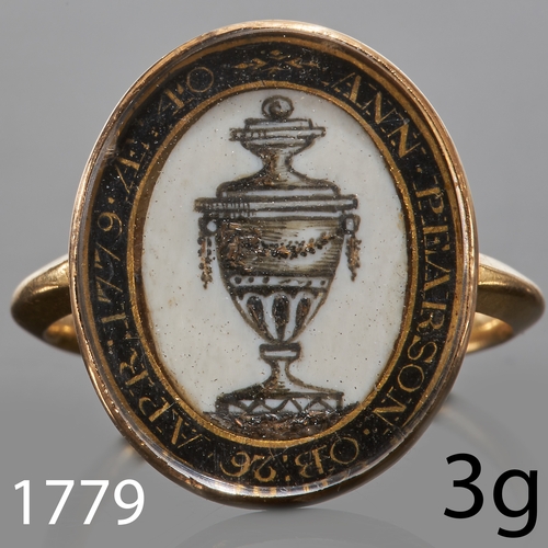 9 - RARE 18TH CENTURY ENAMEL RING, 1779
3 gram, testing 18 ct. gold.
Fine multi colour enamel depicting ... 