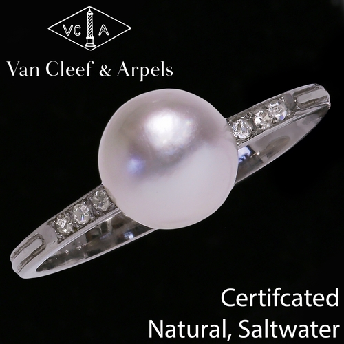 12 - VAN CLEEF & ARPELS,  CERTIFICATED NATURAL SALTWATER PEARL AND DIAMOND RING, 
Pearl with exquisite lu... 