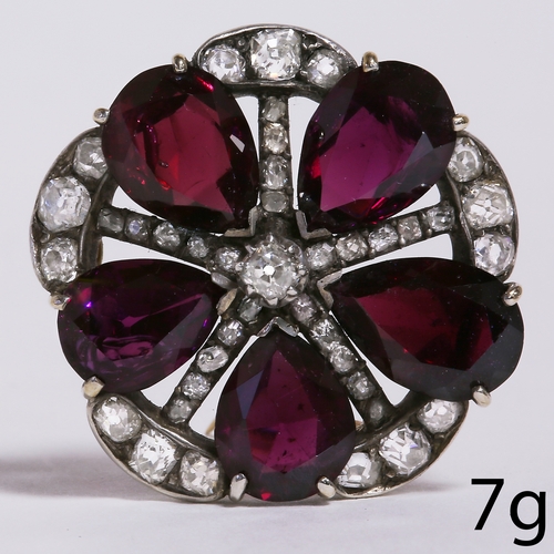 157 - RARE ANTIQUE VICTORIAN DIAMOND AND GARNET BROOCH, 
Diamond bright and lively.
Vibrant garnets, well ... 