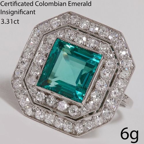 59 - AN IMPORTANT CERTIFICATED COLOMBIAN INSIGNIFICANT EMERALD AND DIAMOND ART DECO CLUSTER RING.
6 grams... 