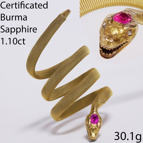 196 - VICTORIAN PINK SAPPHIRE AND DIAMOND SNAKE BANGLE,
30.1 grams, 15 ct. gold
Vibrant pink sapphire of a... 