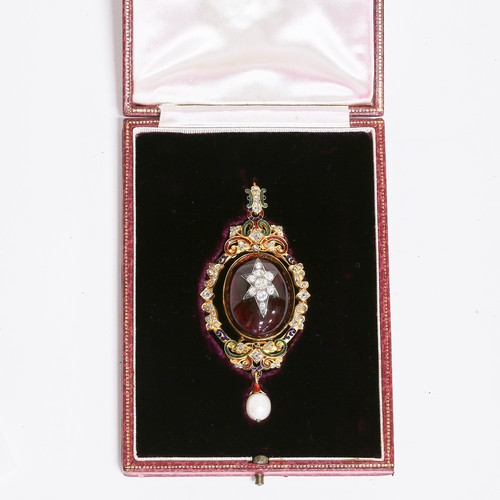 172 - FANTASTIC LARGE HOLBEINEQSUE GARNET, DIAMOND, ENAMEL AND NATURAL PEARL PENDANT,
34.7 grams. Testing ... 