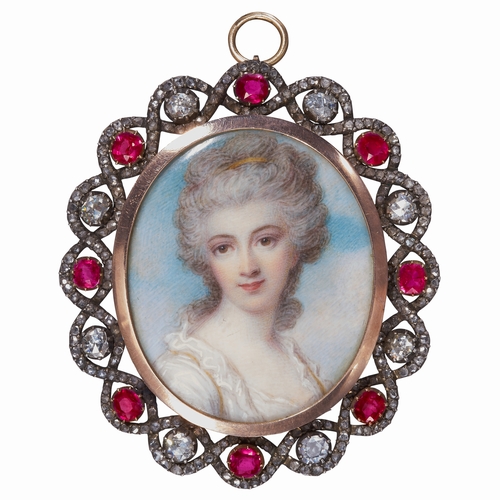 27 - RICHARD COSWAY (1742-1821). MAGNIFICENT AND AMAZING RUBY AND DIAMOND
FRAMED PORTRAIT MINIATURE.
29.5... 