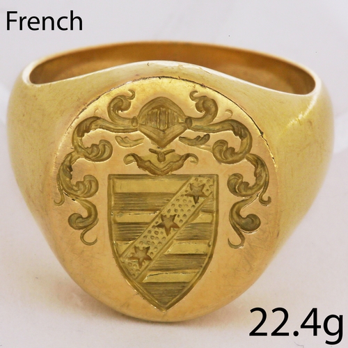 65 - FRENCH 18 CT. GOLD SEAL RING,
22.4 grams.
Fine deep carved seal depicting a family crest topped with... 