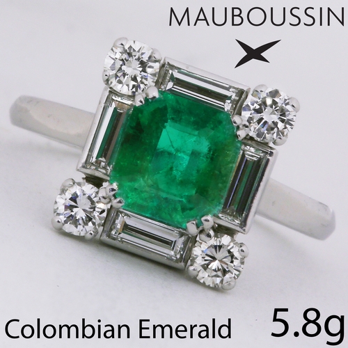 28 - MAUBOUSSIN, COLOMBIAN EMERALD AND DIAMOND RING,
5.8 grams.
Vibrant emerald of approx. 1.26 ct.
Diamo... 