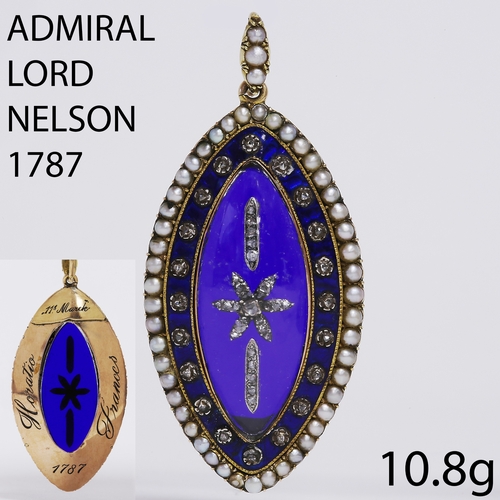 1 - ADMIRAL LORD NELSON INTEREST, 1787 ENAMEL DIAMOND AND PEARL PENDANT.
10.8 grams, testing high carat ... 