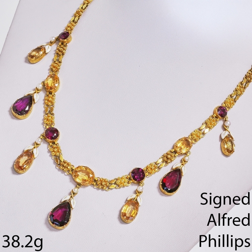 106 - ALFRED PHILLIPS, EXQUISITE LATE 19TH CENTURY CERTIFICATED IMPERIAL TOPAZ AND GARNET ENAMEL FRINGE NE... 