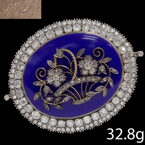 116 - RARE LARGE GEORGIAN DIAMOND AND ENAMEL BROOCH,
32.8 grams, high carat gold.
The blue enamel centre w... 