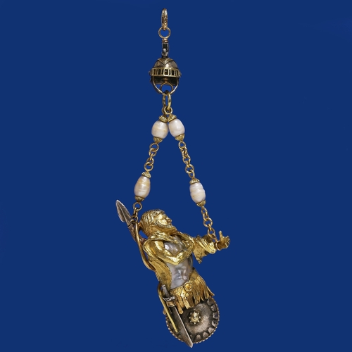 117 - RARE ANTIQUE PEARL WARRIOR PENDANT,
49.8 grams, 18 ct. gold and silver.
The body set with a large pe... 