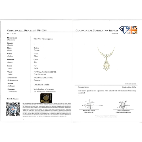 141 - CERTIFICATED NATURAL PEARL AND DIAMOND NECKLACE,
10 grams, High carat gold.
The pearl of approx. 9.7... 