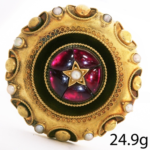 17 - LARGE VICTORIAN GARNET AND PEARL BROOCH,
24.9 grams, testing high carat gold.
Vibrant cabochon cut g... 