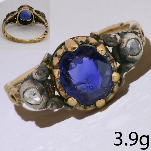 19 - ANTIQUE SAPPHIRE AND DIAMOND 3-STONE RING,
3.9 grams. Testing high carat gold and silver.
Vibrant sa... 