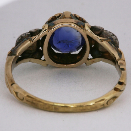 19 - ANTIQUE SAPPHIRE AND DIAMOND 3-STONE RING,
3.9 grams. Testing high carat gold and silver.
Vibrant sa... 