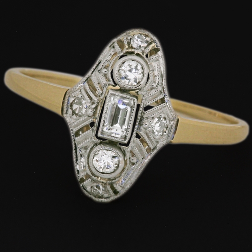 22 - ART-DECO DIAMOND RING,
testing high carat gold.
Diamonds bright and lively.
Size O.