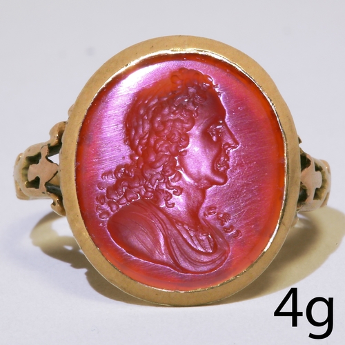 3 - FINE CARVED ANTIQUE HARD STONE INTAGLIO RING, Likely Georgian.
4 grams, testing high carat gold.
The... 